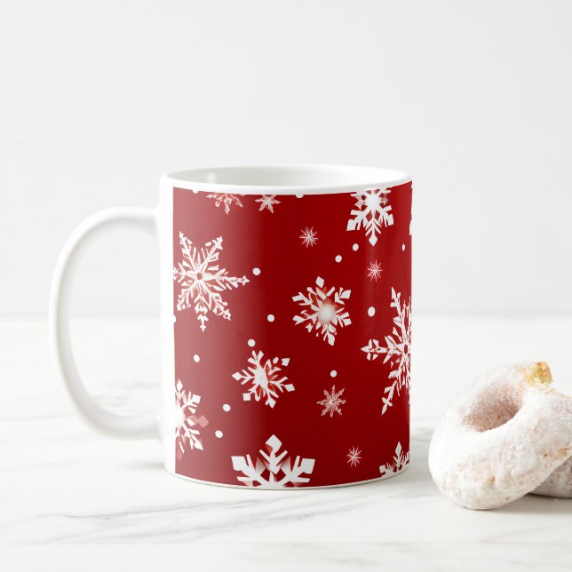 Caneca De Café Design de Natal Vermelho com flocos de neve (Com Donut)