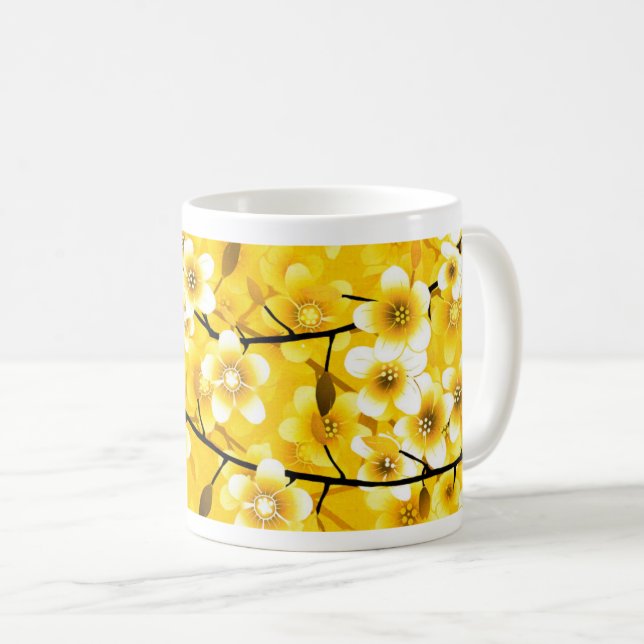 Caneca De Café Design de Padrão Floral Amarelo Brilhante (Frente Esquerda)