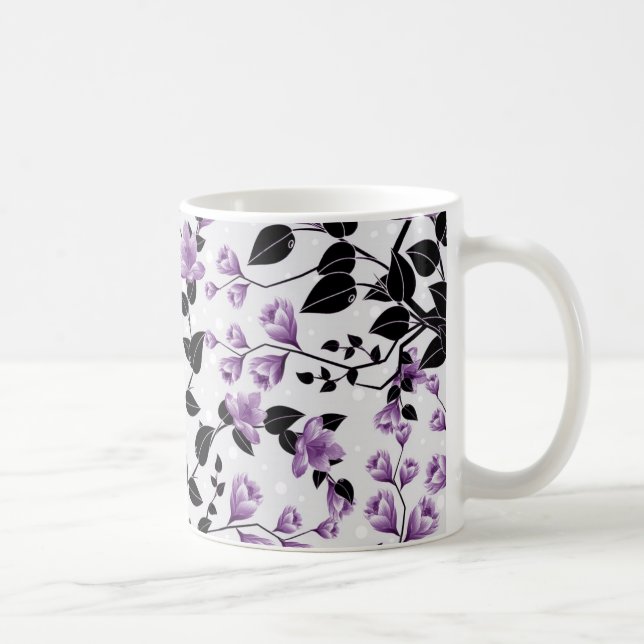Caneca De Café Design de Padrão Floral Violeta Claro (Direita)
