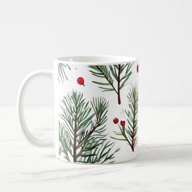 Caneca De Café Design de pinheiro de floresta de Natal e Berries  (Esquerda)