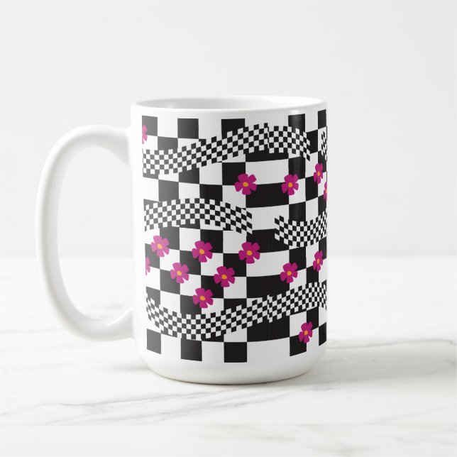 Caneca De Café Design de Xadrez Retro com Flores (Esquerda)