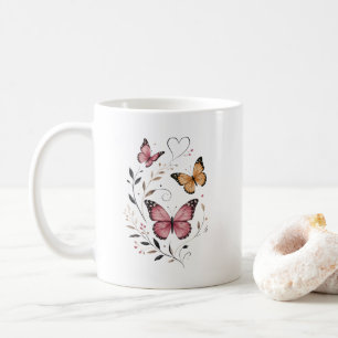 Caneca De Café Design Floral Botânico Borboleta Rosa