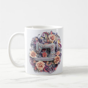 Caneca De Café Design Floral Com Vintage Sewing Machine