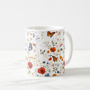 Caneca De Café Design Floral de Borboleta de Flor Silvestre Vinta