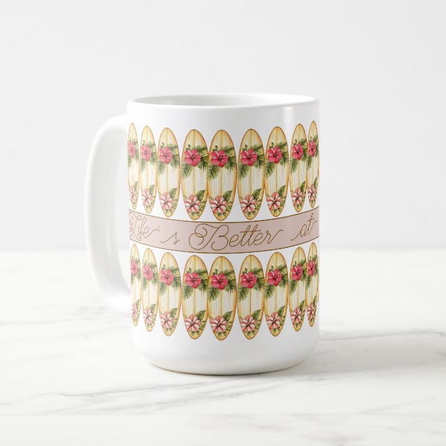 Caneca De Café Design Floral de Prancha de Surf Tropical – Frase  (Frente Esquerda)