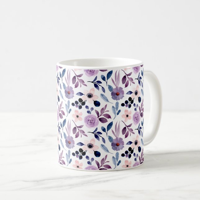 Caneca De Café Design Floral Delicado com Folhas de Lavanda Azul  (Frente Esquerda)