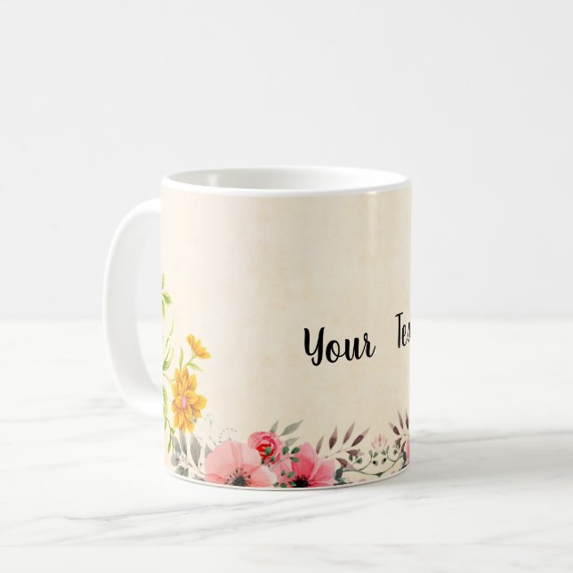 Caneca De Café design floral elegante com seu texto (Frente Esquerda)