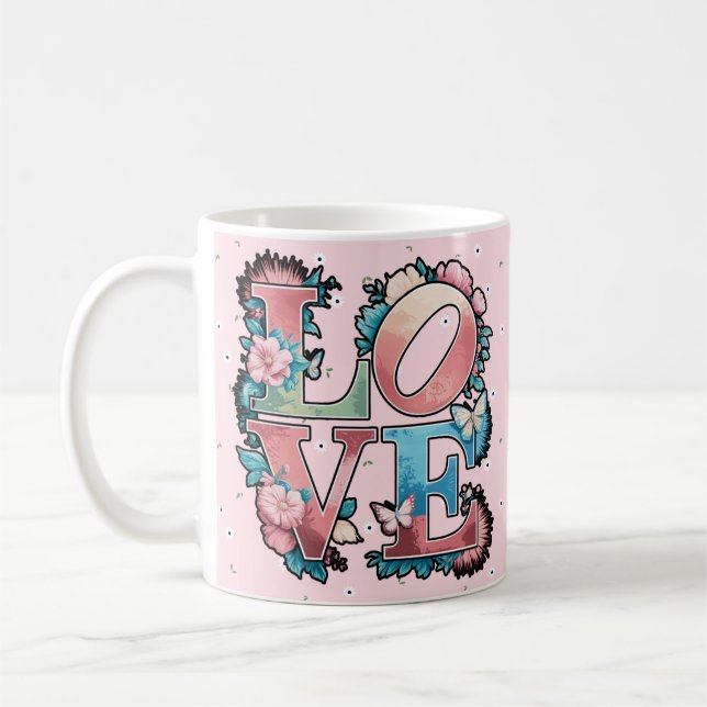 Caneca De Café Design Floral LOVE com Borboletas (Esquerda)