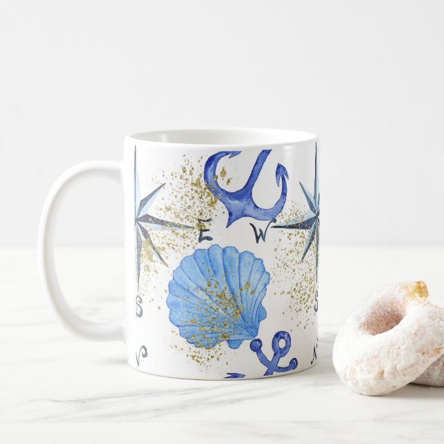 Caneca De Café Design náutico da aguarela com poeira dourada (Com Donut)