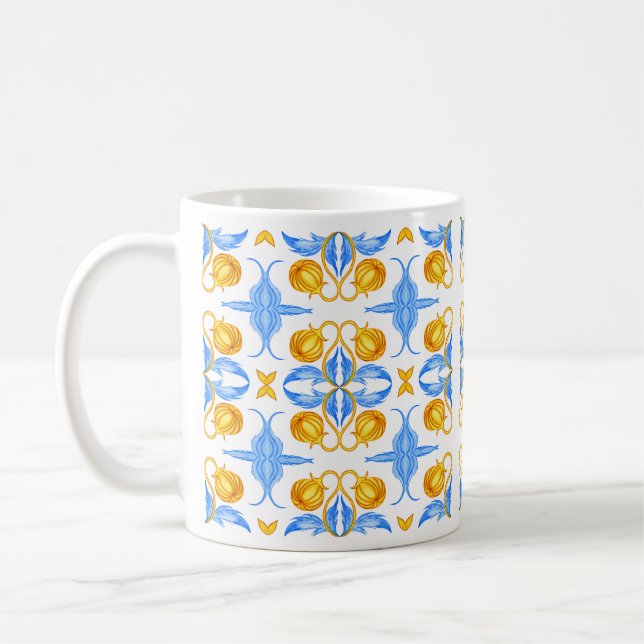 Caneca De Café Design ouro e Azulejo Botânico Azul - Watercolou (Esquerda)