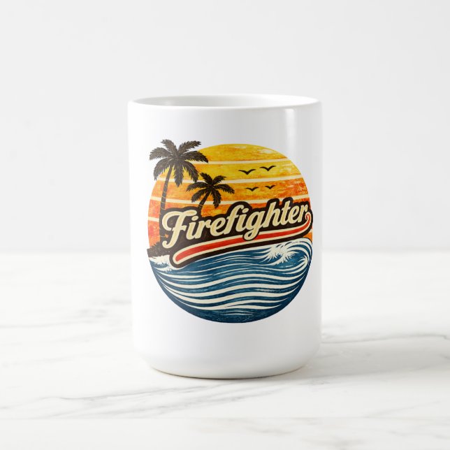 Caneca De Café Design Retro Pôr do Sol Bombeiro (Centro)