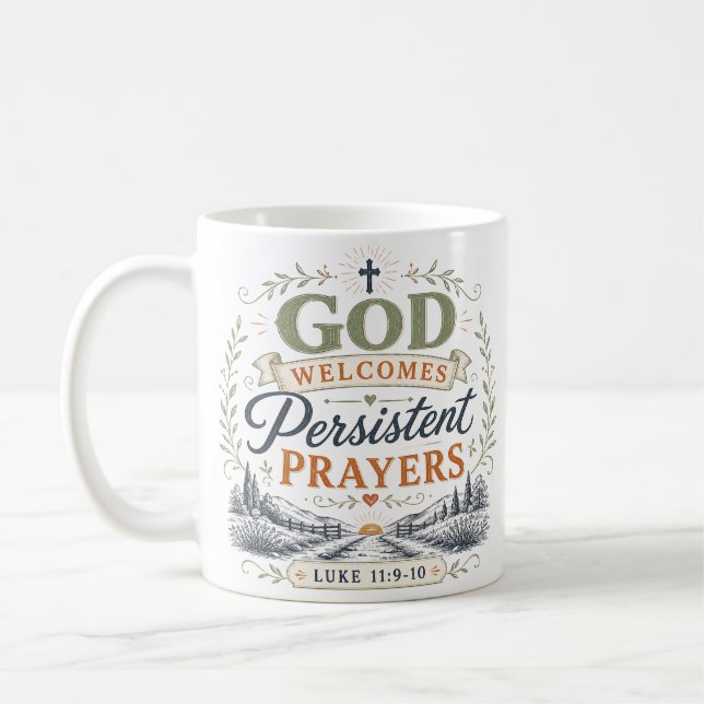 Caneca De Café Deus acolhe orações persistentes Citação Cristã (Esquerda)