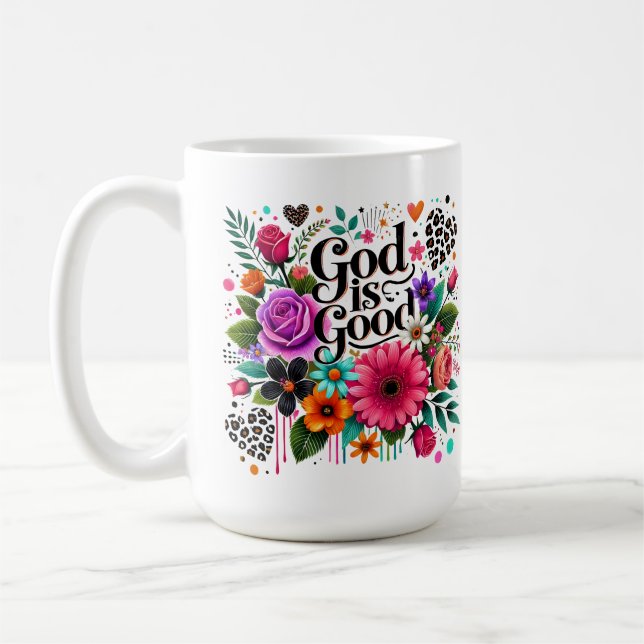 Caneca De Café Deus é Boa Fé Cristã Floral (Esquerda)