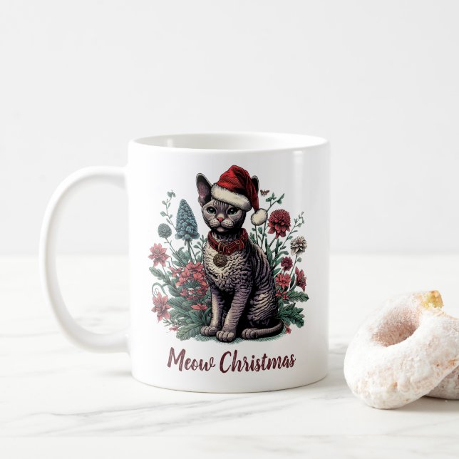Caneca De Café Devon Rex Cat de Natal: Papai Noel e Flores (Com Donut)