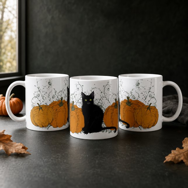 Caneca De Café Dia das Bruxas de Gato Negro e Pumpkins (Moody Black Cat Mug)