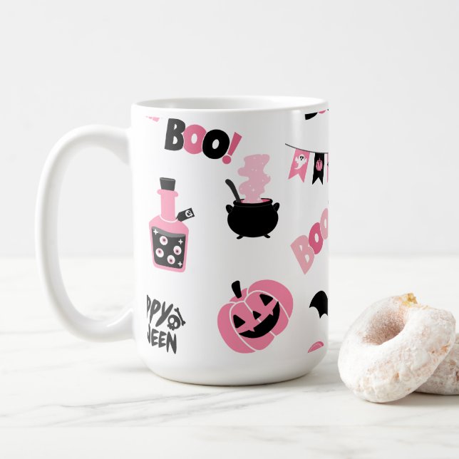 Caneca De Café Dia das Bruxas Rosa e Negro (Com Donut)