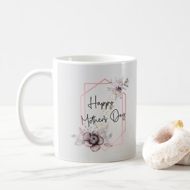 Caneca De Café Dia das Mães Rosa e Cinza Floral com Foto (Com Donut)