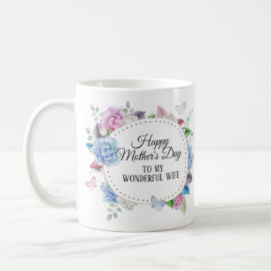 Caneca De Café Dia de as mães Floral Cor-de-Rosa Azul para Esposa