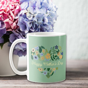 Caneca De Café Dia de as mães Floral do Coração Azul Verde Modern