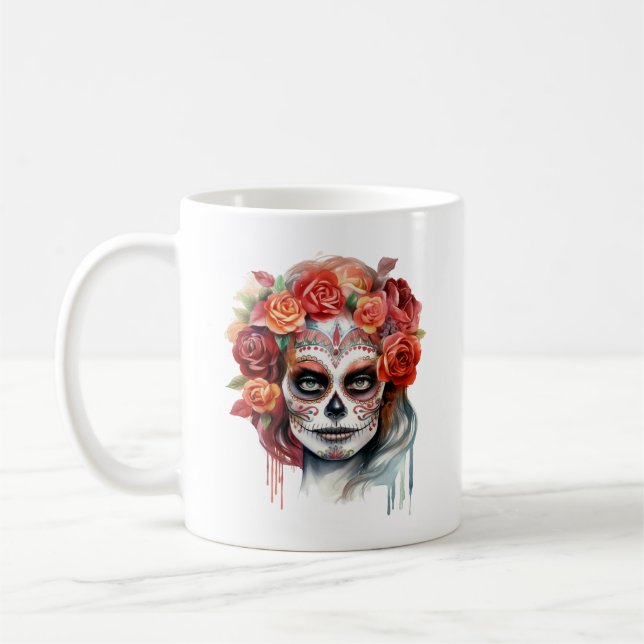 Caneca De Café Dia de los Muertos Belo Crânio de Açúcar da Mulher (Esquerda)