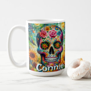 Caneca De Café Dia de los Muertos Crânio Floral Personalizado