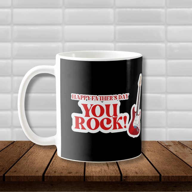 Caneca De Café Dia de os pais Rock (Black and White Coffee Mug with red guitar graphic and ted text: "Happy Father's Day, You Rock!")