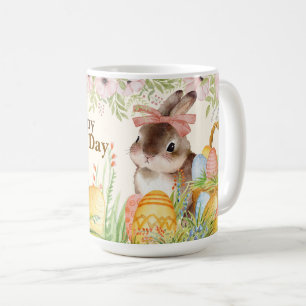 Caneca De Café Dia de Páscoa Feliz em Aquarela Coelho Floral com