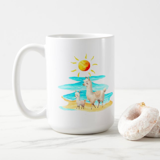 Caneca De Café Dia de Praia com Llama Fofa (Com Donut)
