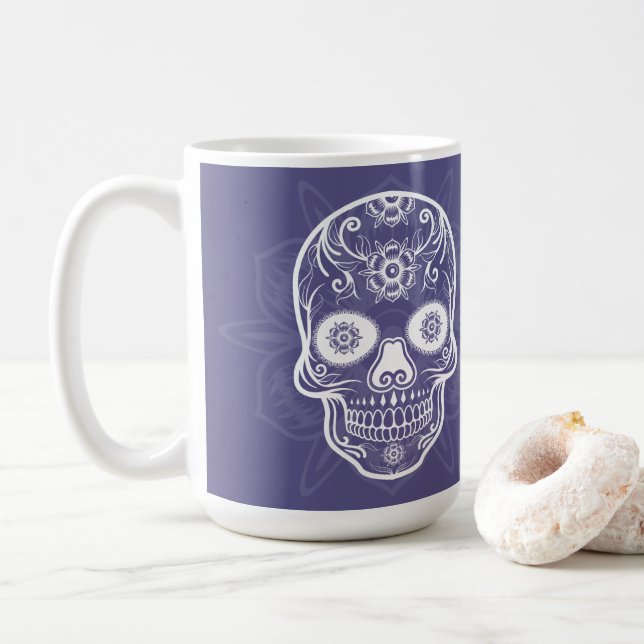 Caneca De Café Dia Dos Mortos Açúcar Branco Caveira Roxa (Com Donut)