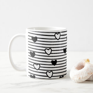Caneca De Café Dia dos Namorados Corações Preto Branco Listras Pa