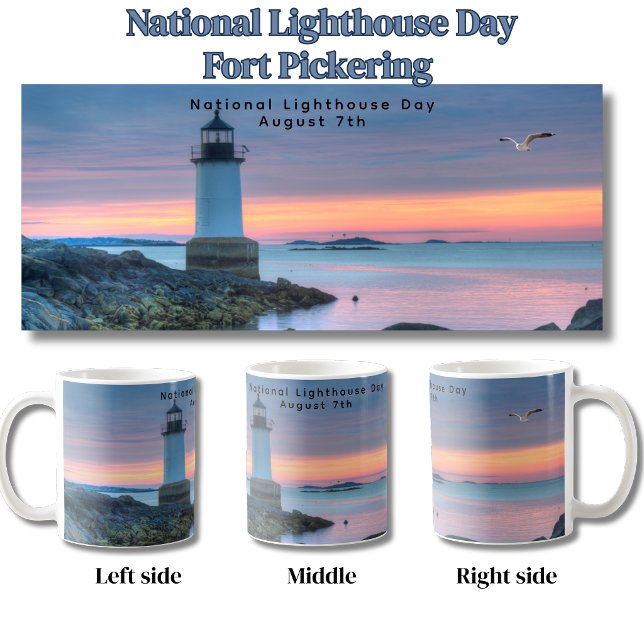 Caneca De Café Dia Nacional da Lanterna Fort Pickering Cena (Three sides of the National Lighthouse Day mug)