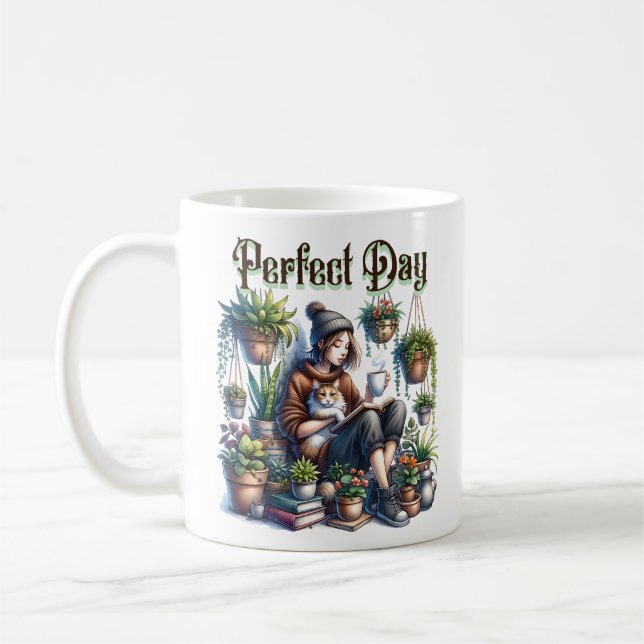 Caneca De Café Dia perfeito | Leitura de Raparigas com Gatos e Pl (Esquerda)