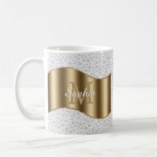Caneca De Café Diamantes, Grande Monograma Dourado Nome em Escrit