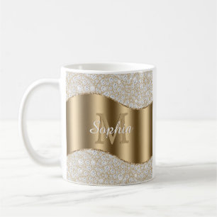 Caneca De Café Diamantes, Grande Monograma Dourado, Nome em Letra