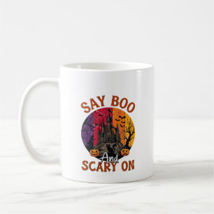 Caneca De Café Diga Boo Halloween Assustador Casa Assombrada Gato