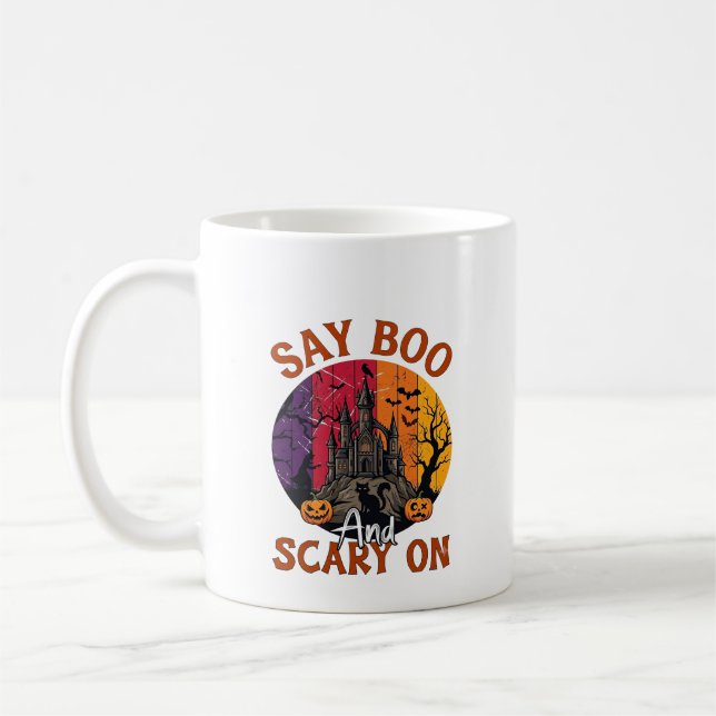 Caneca De Café Diga Boo Halloween Assustador Casa Assombrada Gato (Esquerda)