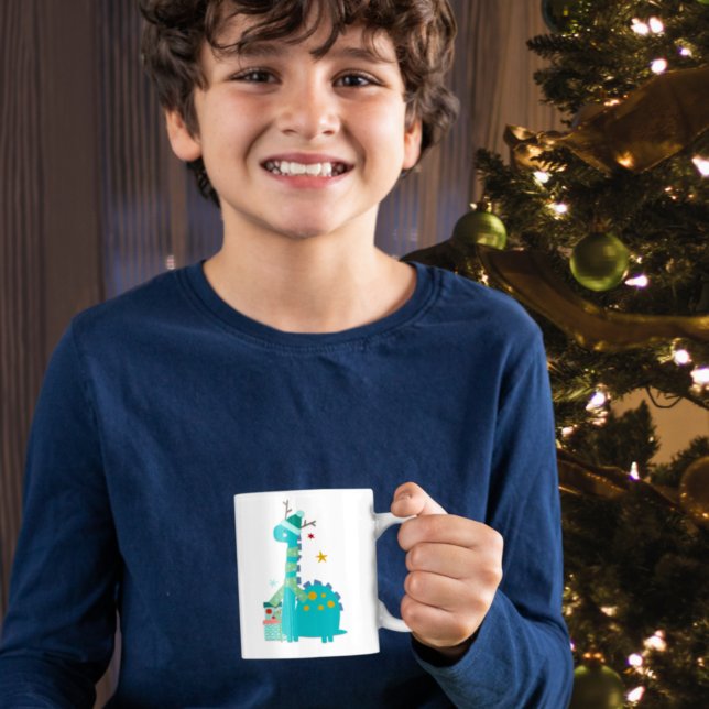 Caneca De Café Dinossauro Festivo Stars Nome Filho Papais noeis (Criador carregado)