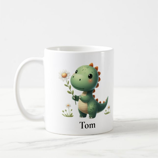 Caneca De Café Dinossauro Verde Personalizado com Flor (Esquerda)