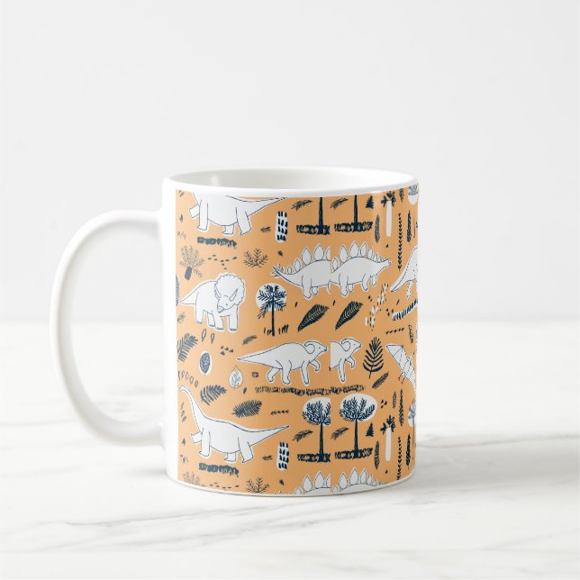 Caneca De Café dinossauros engraçados com padrão de folhas de pal (Esquerda)
