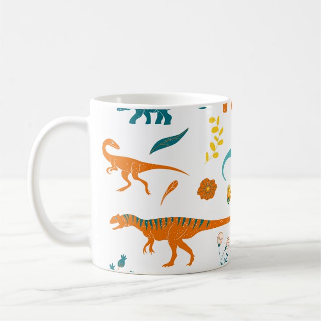 Caneca De Café Dinossauros estilizados, elementos florais, fofos. (Esquerda)