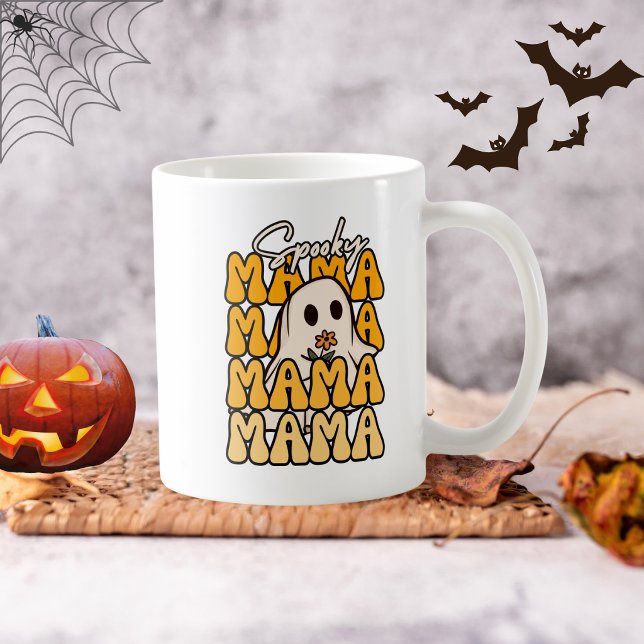 Caneca De Café Divertido Groovy Halloween Mamãe Fantasma Flor Hal (Criador carregado)