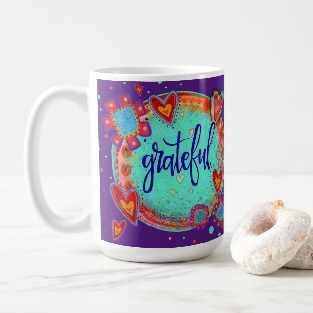 Caneca De Café Divertido inspirador Grateful Floral Hearts (Com Donut)