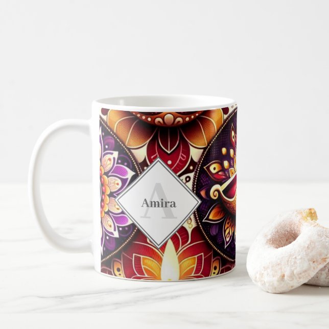 Caneca De Café Diwali Red e Purple Diyas & Rangoli personalizados (Com Donut)