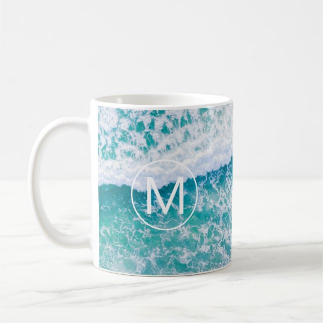 Caneca De Café DIY White Monogram in Circle, Beach Waves (Esquerda)