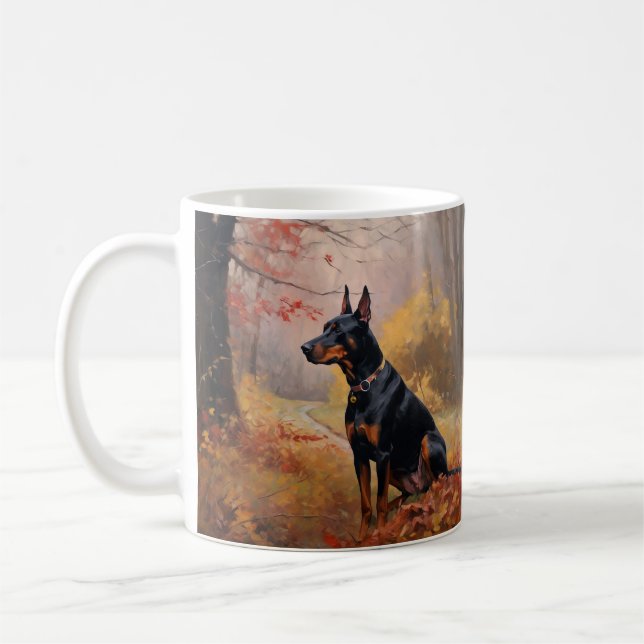 Caneca De Café Doberman no Outono Folhas Caem Inspiram (Esquerda)