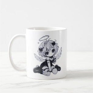 Caneca De Café Doce Anjo Fada Gótico Chibi Preto & Branco Anime