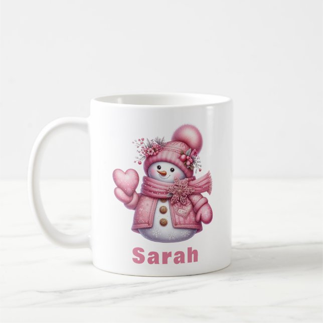 Caneca De Café Doce Coração Segurando Pink Snowman no Natal (Esquerda)