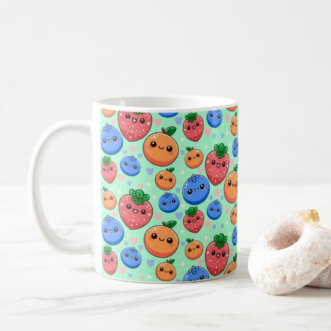 Caneca De Café Doce Fruta Verde Laranja Azul Kawaii (Com Donut)