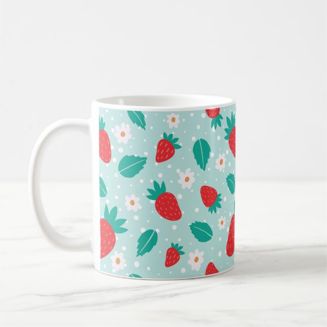 Caneca De Café Doce Padrão de Flor de Morango em Turquesa (Esquerda)