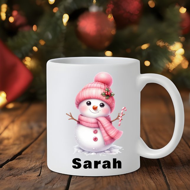 Caneca De Café Doces Cane Rosa Snowman Natal (Sweet Candy Cane Pink Snowman Christmas Coffee Mug)